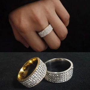8mm 와이드 5 줄 전체 큐빅 반짝이 반지 스테인리스 골드 실버 컬러 여성 남성 힙합 파티 쥬얼리 245255