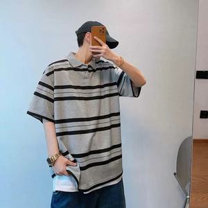 포뇨2 남자 카라 반팔티 여름 캐주얼 스트라이프 빈티지 루즈핏 줄무늬 티셔츠 OPH2