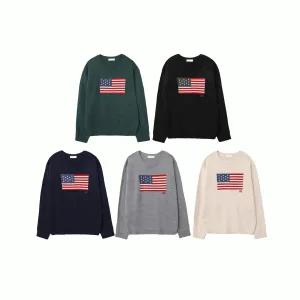 [UNISEX]USA성조기니트티 워싱 자수 오버핏 데일리룩 빈티지 빅사이즈 맨투맨 피그먼트 남여공용 신상