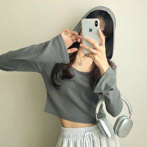 [옷자락]여자 힙한 벨슬리브 크롭 후드티 보트넥 무지 티셔츠