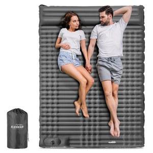 캠핑용 엘레기어 더블 슬리핑 패드, 4인치 초두께 셀프 부풀리기 캠핑 패드 2인용 베개 내장 풋 펌프 수면 매트, 배낭여행, 하이킹, 휴대용