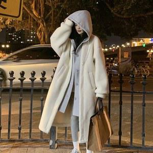 여성용 롱 투피스 일루션 양 벨벳 재킷, 두꺼운 후드, 루즈핏 단색 오버코트, 겨울
