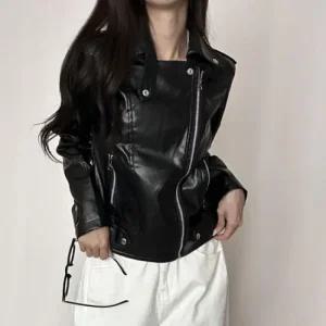 [오노마] ONM 여성 유광 카라 라이더 자켓 가죽 재킷 간절기 아우터  23564617)