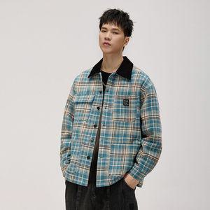 남성용 체크 셔츠 빈티지 코트 가을 루즈핏 칼라 카고 자켓 CH3