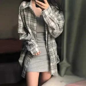 CWTT7071 파스텔 오버핏 체크 긴팔 셔츠 자외선 차단 여름 아우터/여성셔츠/체크셔츠/루즈핏셔츠/오버핏셔