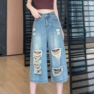 나바바 / NP378 빈티지 컷팅 포인트 와이드 데님 7부 팬츠