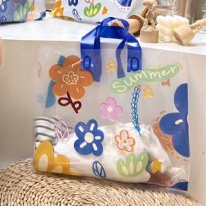 예쁜 비닐봉투 파랑 꽃송이 투명 봉지 50매 L XL 쇼핑 옷가게백 비닐백 손잡이백 답례품백 가방 의류매장