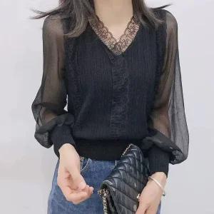 라인댄스 상의 브이넥 시스루 별꽃 댄스복 연습복