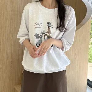 [데일리앤] 슬링트 7부 반팔 프린팅 여성 데일리 맨투맨 루즈핏 가을 박스티 라운드 시보리 티셔츠