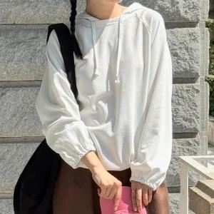 후드 무지 긴팔 티셔츠 밑단스트링 여성 빅사이즈