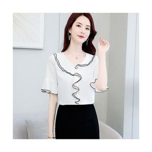 여성 라운드넥 루즈핏 쉬폰 티셔츠 프릴라인 캐주얼 나팔소매