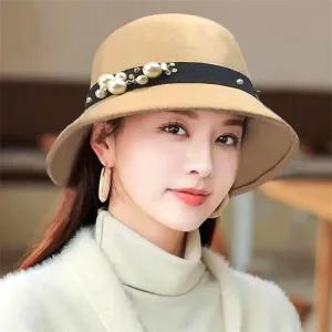 남성 페도라 새로운 여성 우아한 진주 리본 솔리드 컬러 양모 펠트 교회 모자 가을 겨울 숙