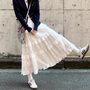 여자 티어드 흰색 후레아 레이스 롱 귀여운 스커트