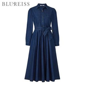 [블루레이스] 셔츠카라 퍼프소매 핀턱 데님 원피스_B5S1OP3201