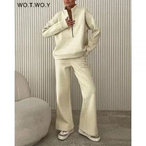 여자 봄 가을 면접복장 여성 투피스 WOTWOY 여성용 캐주얼 스웨트 셔츠 및 바지 세트 느슨한 팬츠 지퍼 칼