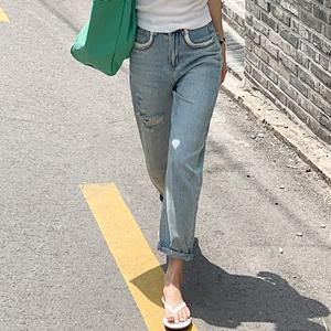 [시크폭스] [여우진]라벨느 구제워싱배색배기데님팬츠
