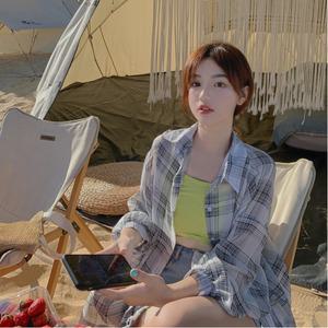 시스루 가디건 재킷 체크 남방 여여름 얇은 롱 래쉬가드 디자인 시