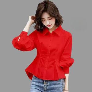 여성 셔츠 블라우스 프릴 바이 레드 고급 카라 화이트 정장 봄 결혼 강사