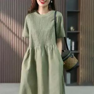 아코디언 무드 스트랩 면 원피스 여름 치마 빅사이즈 루즈핏 퍼프 반팔 롱원피스 여성