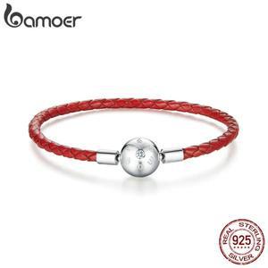 Bamoer 정품 925 스털링 실버 레드 가죽 로프 매력 팔찌 여성용 3mm 구멍 보석 BSB042