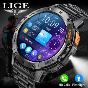LIGE AMOLED 스크린 스마트 워치 블루투스 통화 스포츠 남성 스마트워치 손전등 심박수 모니터링 원격 카메
