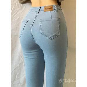 사이즈 유럽 미국 하이 웨이스트 복숭아 엉덩이 스트레치 하늘색 데님 바지 여성 꽉 슬림 작은 발 연필