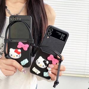 블랙 헬로 키티 휴대폰 케이스, 플립 갤럭시 ZFlip3 4 5 ZFlod3 4 5 에 , 휴대폰 케이스 카드홀더