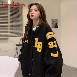 여성용 하라주쿠 봄버 재킷, 가을 겨울 빈티지 오버사이즈 버튼 대표팀 야구 블랙 재킷 코트, 여성용 탑