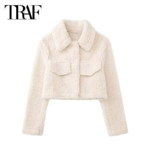 TRAF 여성용 크롭 따뜻한 겨울 재킷, 가을 데미 시즌 플리스 짧은 재킷 코트, 긴팔 플러시 아우터, 신상
