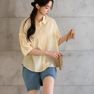 [옷자락]여자 프릴반팔 박스핏 셔링 카라넥 퍼프 셔츠