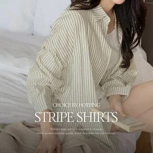 핫핑 [봄셔츠] 하이테 오버핏 포켓 스트라이프 긴팔셔츠