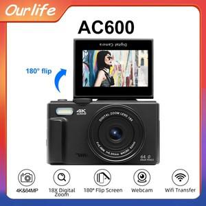Ourlife AC600 컴팩트 디지털 사진 카메라 4K 18X 줌 빈티지 비디오 레코더 ° 플립 스크린 WiFi 웹캠