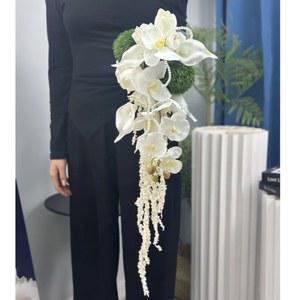 물방울 폭포 부케, 흰색 호접란 칼라 백합 부케, 신부 결혼식 시뮬레이션 꽃 웨딩 사진