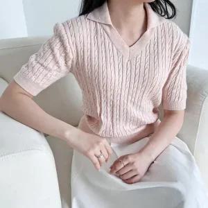 [오노마] ONM 여성 브이넥 꽈베기 카라 스타일 예쁜 니트 반팔티  10375545)