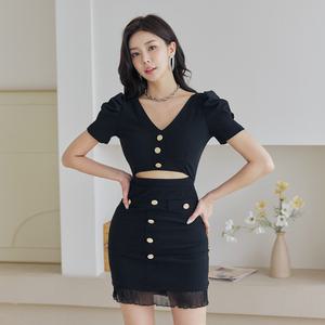 채핏 슬림컷 밑단플리츠 원피스 브이넥 퍼프소매 미니 ops 트임 섹시 글램 클럽 파티룩 빅사이즈 홀복