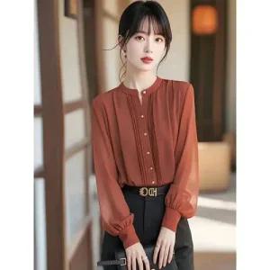 여성 세련된 쉬폰 블라우스 초가을 프렌치 오피스룩 벽돌 레드 긴팔 상의 시크한 여름 MODU2