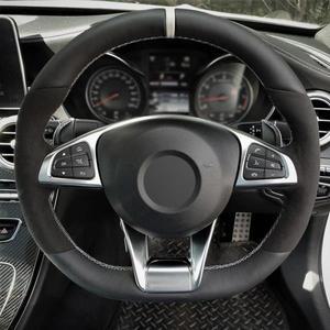 Alcantara 스티어링 휠 커버 진짜 가죽 흰색 스레드 스트라이프 자동차 액세서리 메르세데스-벤츠 AMG A45