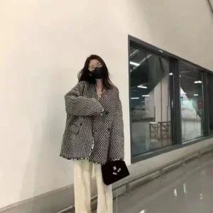 트위드 자켓 여자 린넨 크롭 코트 여성 가죽 청 재킷 여성용 빈티지 스트라이프 오버사이즈 캐주얼 겨울 스