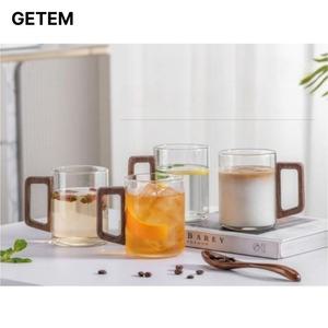 게템 우드 손잡이 머그컵 홈카페 투명 내열유리 선물용 티 찻잔 500ml 2개 1세트