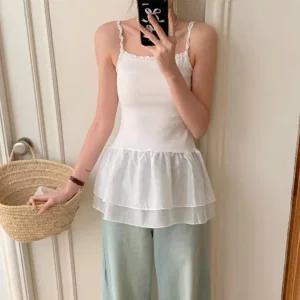 여성 스판 셔링 레이스 나시 밑단레이스 민소매티