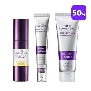 [단독][미샤] 타임레볼루션 레티놀 500샷 앰플 10ml + 4000샷 크림 25ml + 랩핑 마스크 80g