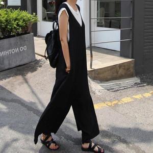 [M7] 여자 검정 V넥 큰사이즈 부드러운 점프수트