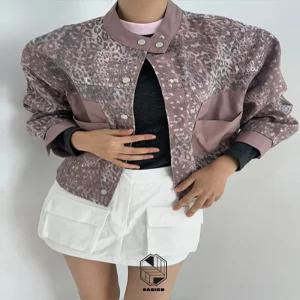 레오파드 레더 포켓 루즈핏 라이더 면 숏자켓