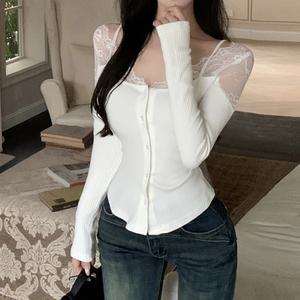 채핏 탑레이스 버튼 골지탑 섹시 글램 가디건 홀복 망사 긴팔 클럽의상 파티 슬림핏