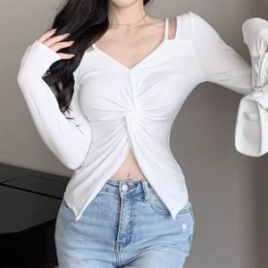 채핏 케베트 꼬임 긴팔 티셔츠 섹시탑 슬림핏 글램 착붙핏 타이트 페미닌 셔링