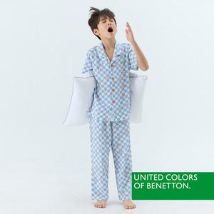 [베네통] 베네통 키즈 체크로고 카라넥 파자마 세트 블루 BNBPJ5M06T