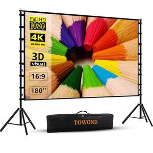 TOWOND 프로젝터 스크린 및 스탠드, 180인치 야외 프로젝터 스크린 15피트 대형 프로젝션 스크린, 휴대용 16:9 4K HD 후면 전면 영화 스크린, 캐리백 주름 없는 디자인의 뒷마당 극장용