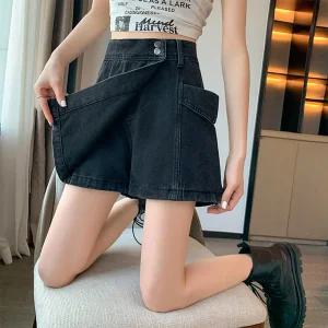 [ 품절임박 -30% ] HP-8933/ M_5XL 빅사이즈 여성청반바지 3부 데님 숏팬츠 블랙 치마바지
