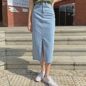 [올시즌] [Made 빅사이즈~3XL]. 메리 앞트임 데님 롱스커트 [sk370연청]