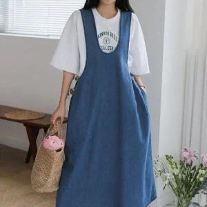 [하프클럽/]여자 빅사이즈 벌룬 와이드 데님 나시 멜빵 롱원피스